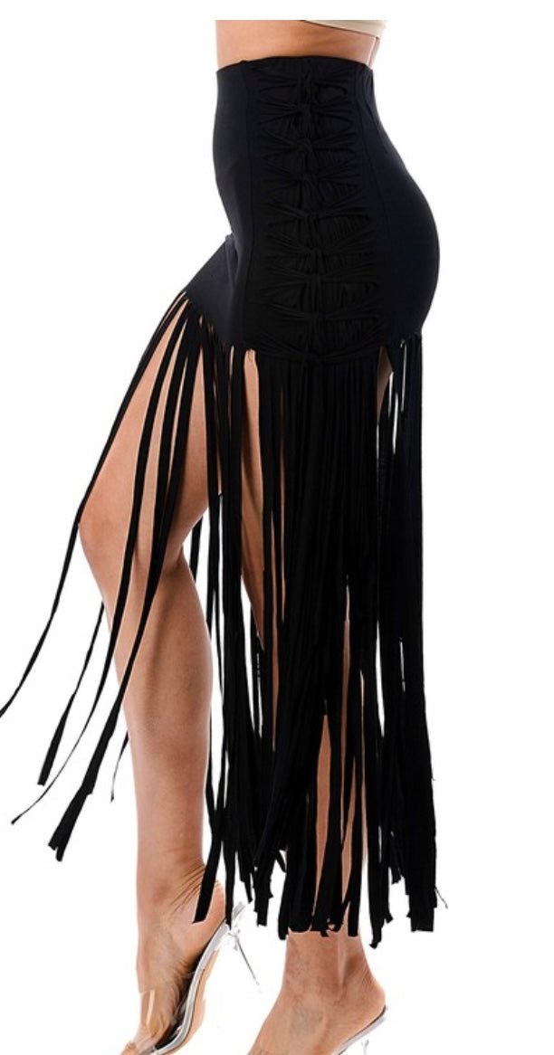 Black Fringe Detail Mid Skirt