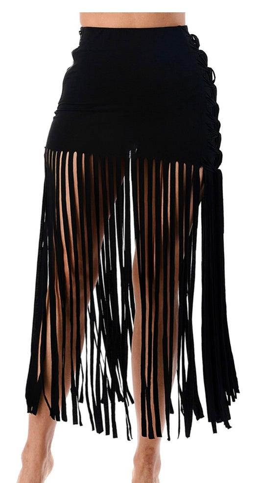 Black Fringe Detail Mid Skirt